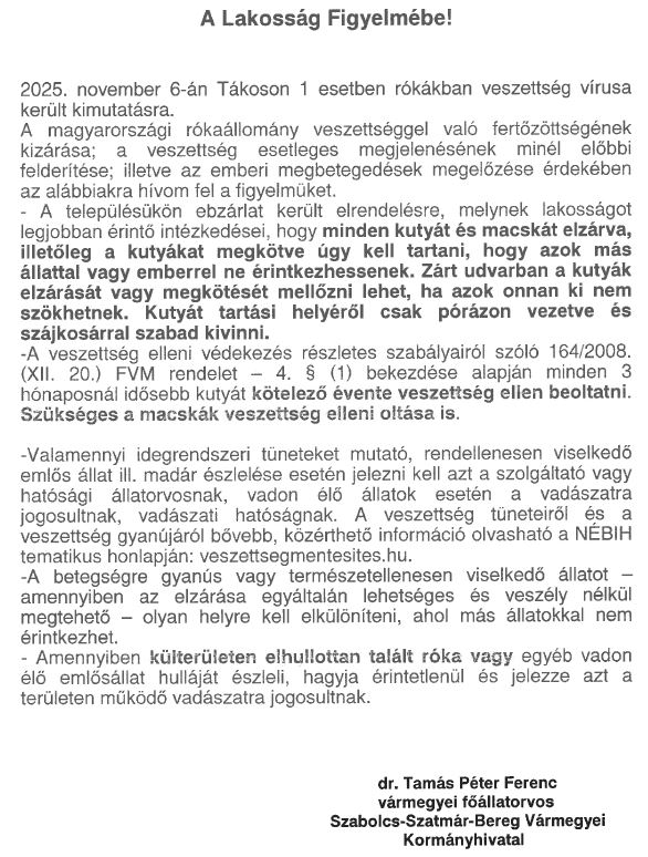 Lakossági tájékoztató ebzárlat elrendeléséről és a veszettség elleni védekezéssel kapcsolatos teendőkről